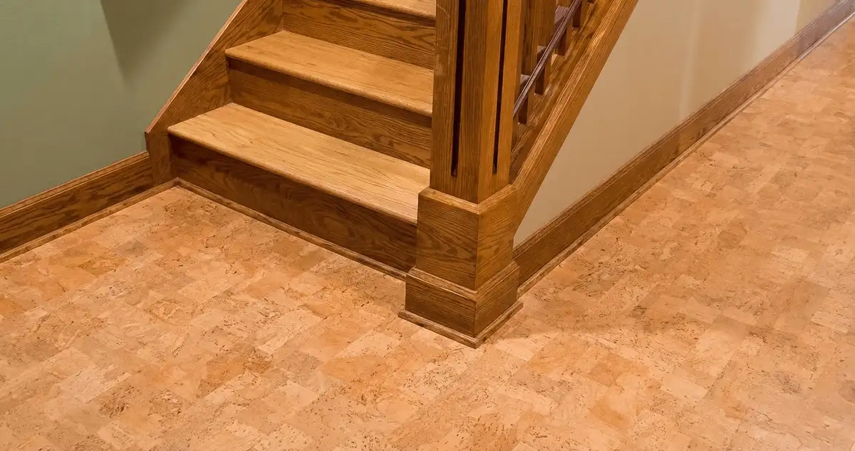 End of a staircase with cork flooring in Cleveland, OH