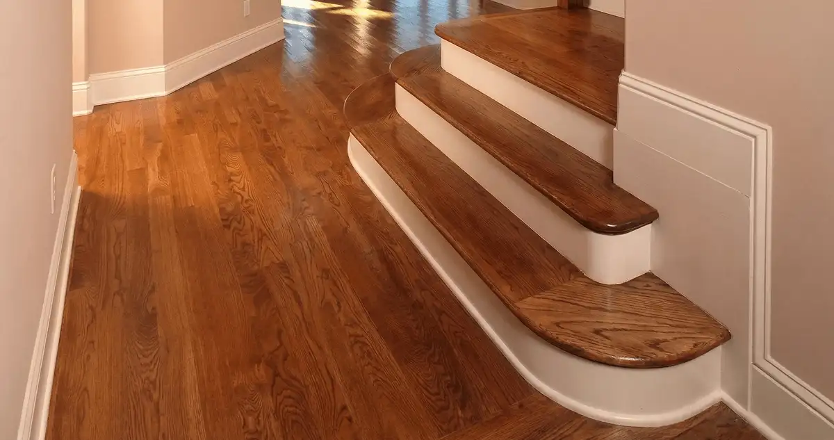 Base floor of a staircase with professionally restored wood flooring in Cleveland OH