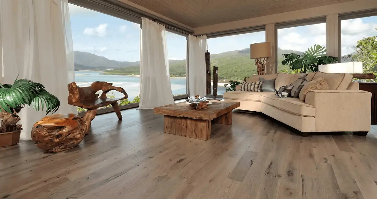 Professionally installed vinyl flooring in a modern living room with large windows in Cleveland, OH
